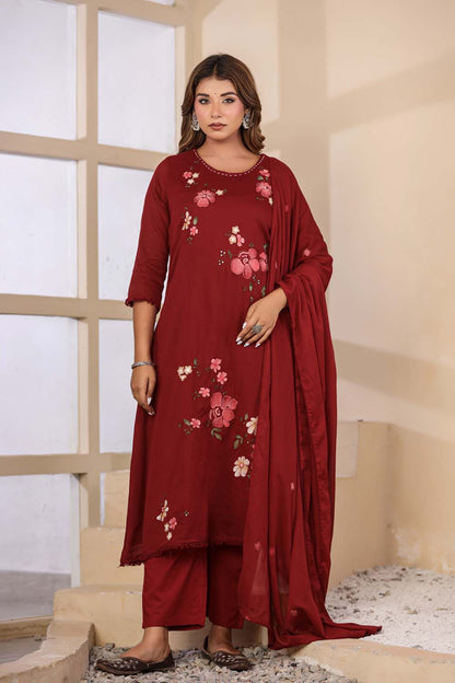 Maroon Fabric Mall Cotton Kurti Plazo Dupatta 3Pcs Set