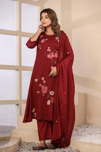 Maroon Fabric Mall Cotton Kurti Plazo Dupatta 3Pcs Set