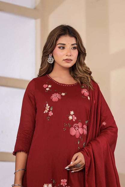 Maroon Fabric Mall Cotton Kurti Plazo Dupatta 3Pcs Set
