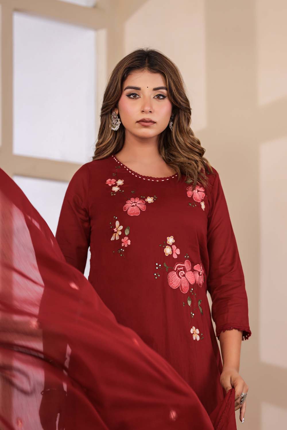 Maroon Fabric Mall Cotton Kurti Plazo Dupatta 3Pcs Set