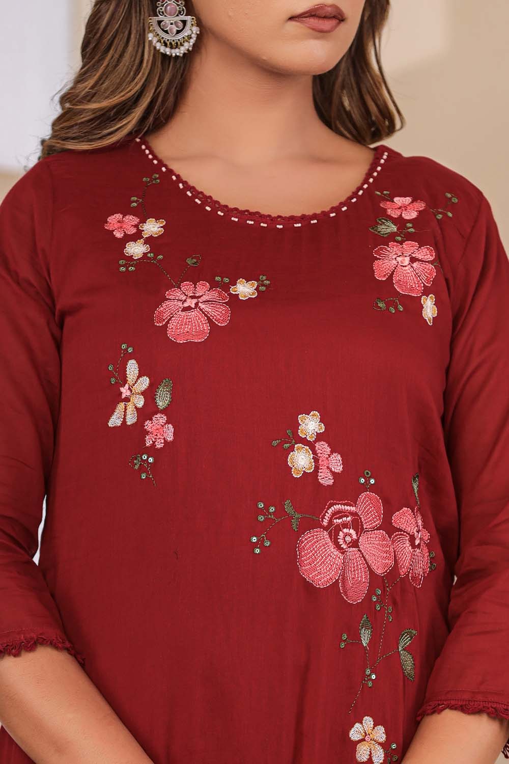 Maroon Fabric Mall Cotton Kurti Plazo Dupatta 3Pcs Set