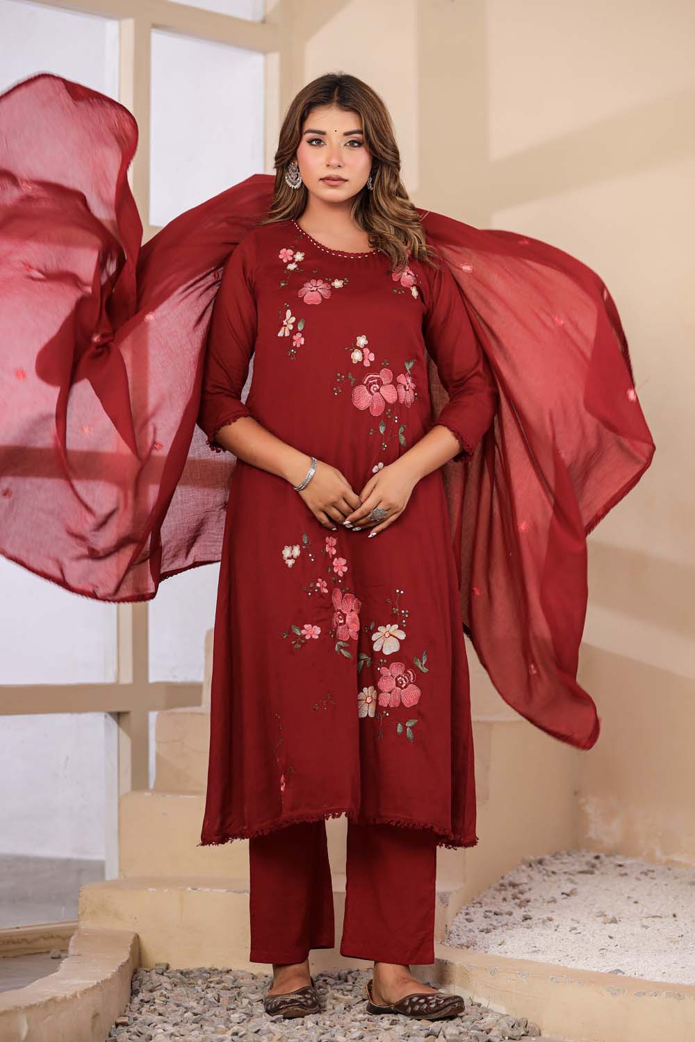 Maroon Fabric Mall Cotton Kurti Plazo Dupatta 3Pcs Set