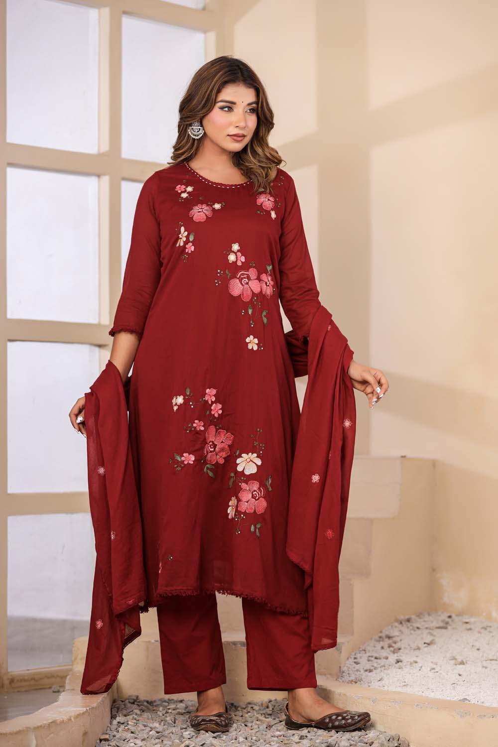 Maroon Fabric Mall Cotton Kurti Plazo Dupatta 3Pcs Set