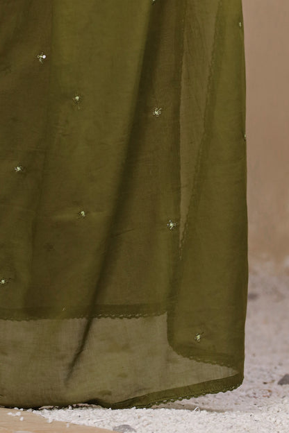 Dark Mehandi Fabric Mall Cotton Kurti Plazo Dupatta 3Pcs Set