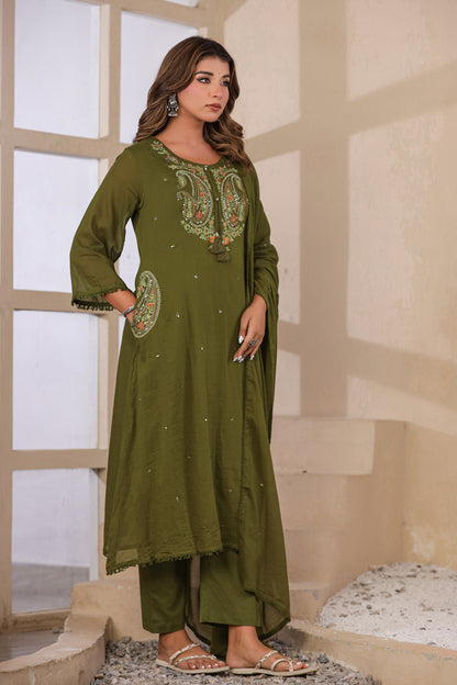 Dark Mehandi Fabric Mall Cotton Kurti Plazo Dupatta 3Pcs Set