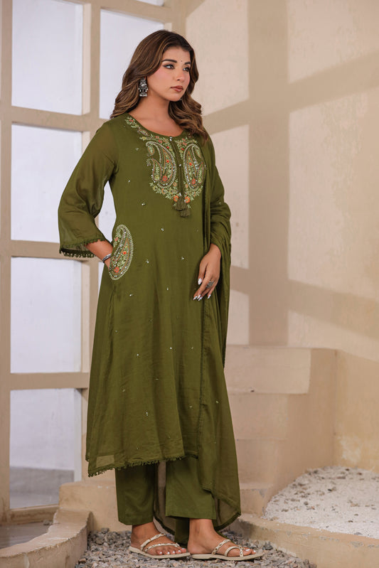 Dark Mehandi Fabric Mall Cotton Kurti Plazo Dupatta 3Pcs Set
