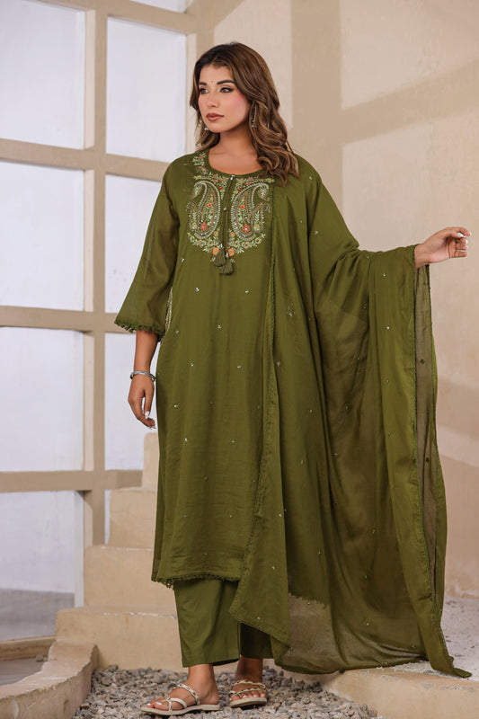 Dark Mehandi Fabric Mall Cotton Kurti Plazo Dupatta 3Pcs Set