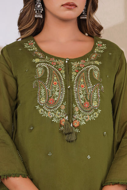 Dark Mehandi Fabric Mall Cotton Kurti Plazo Dupatta 3Pcs Set