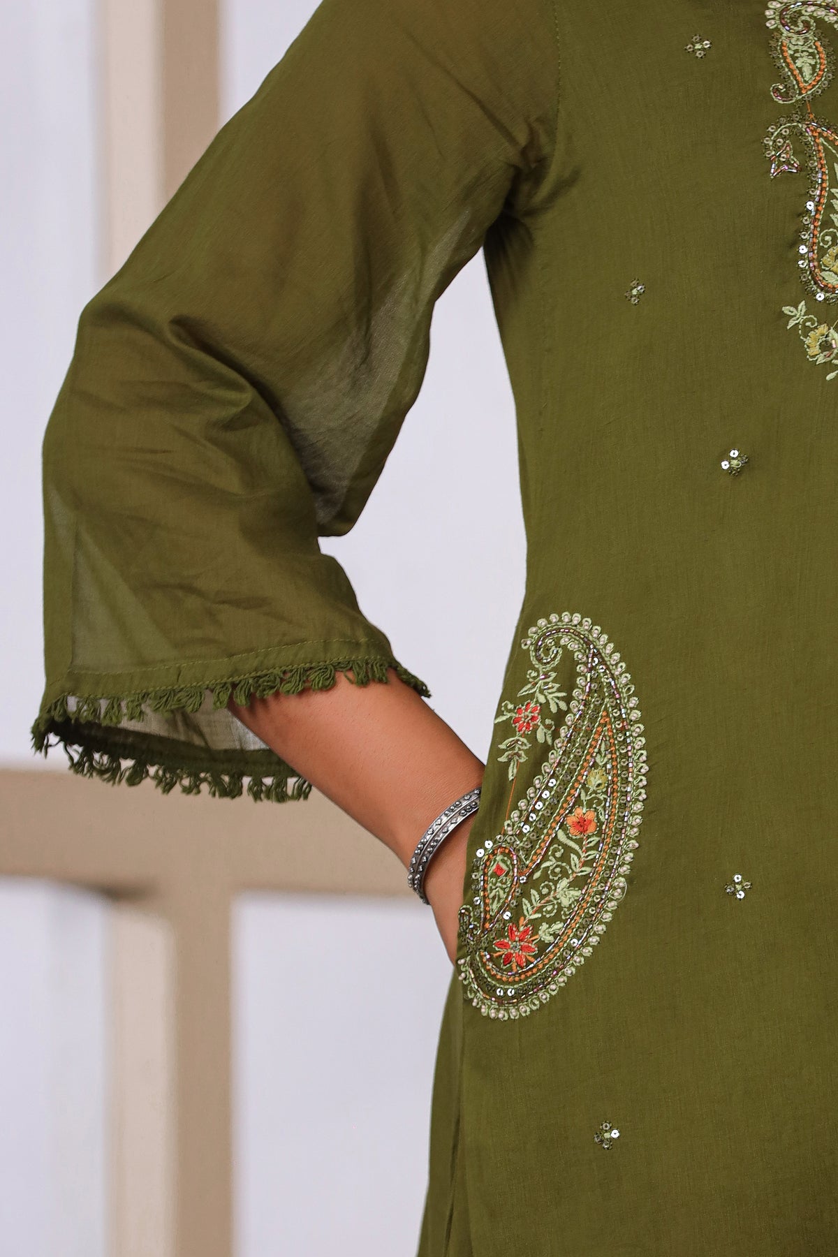 Dark Mehandi Fabric Mall Cotton Kurti Plazo Dupatta 3Pcs Set