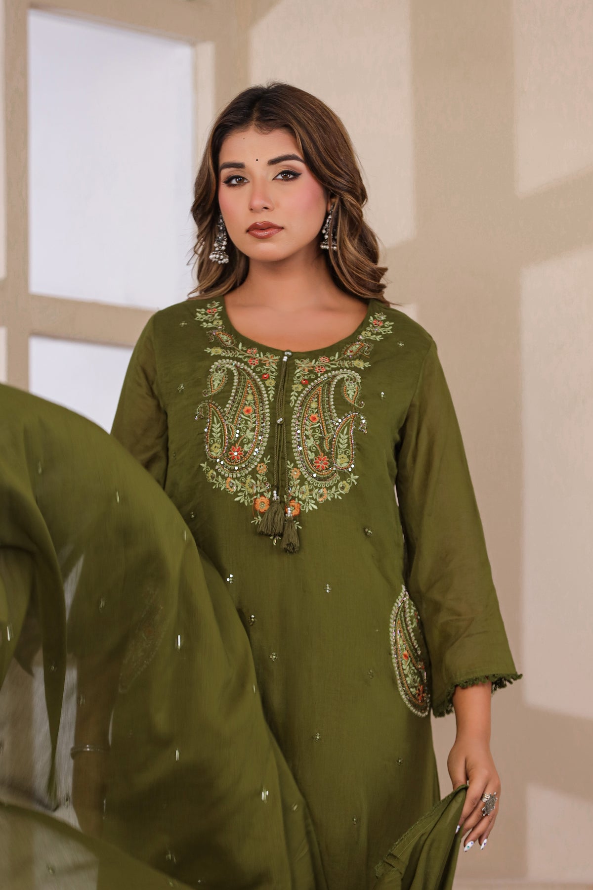 Dark Mehandi Fabric Mall Cotton Kurti Plazo Dupatta 3Pcs Set