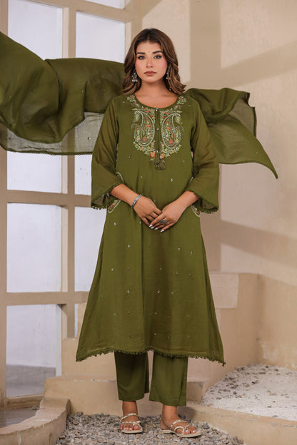 Dark Mehandi Fabric Mall Cotton Kurti Plazo Dupatta 3Pcs Set