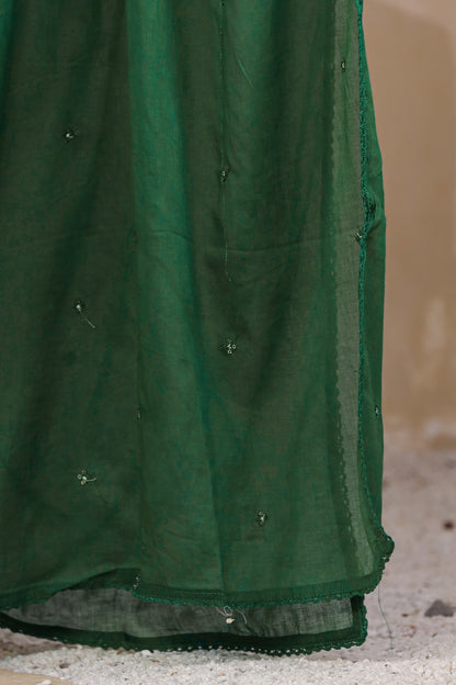 Bottle Green Fabric Mall Cotton Kurti Plazo Dupatta 3Pcs Set