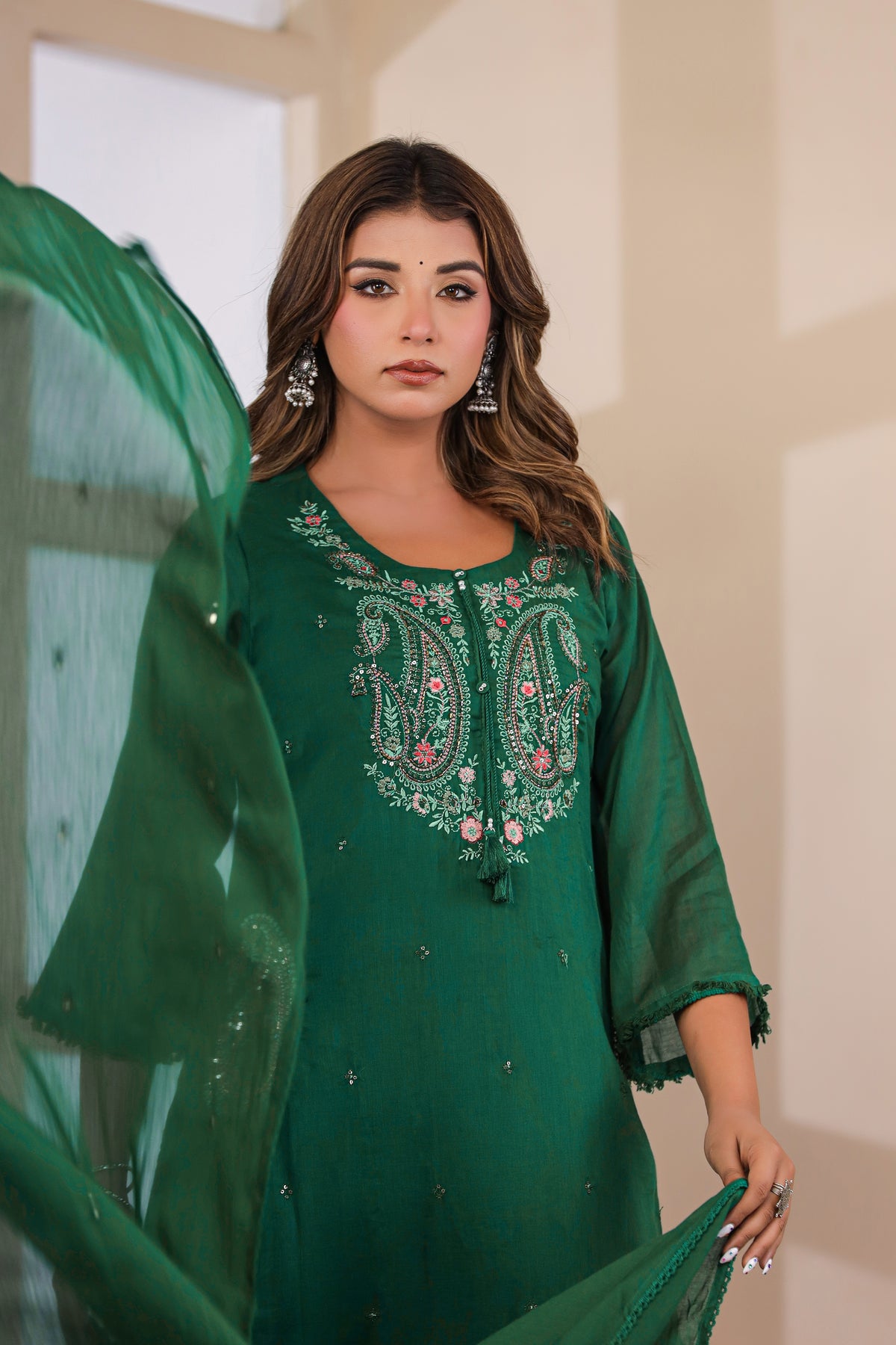 Bottle Green Fabric Mall Cotton Kurti Plazo Dupatta 3Pcs Set