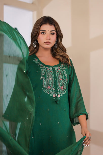 Bottle Green Fabric Mall Cotton Kurti Plazo Dupatta 3Pcs Set