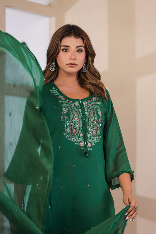 Bottle Green Fabric Mall Cotton Kurti Plazo Dupatta 3Pcs Set