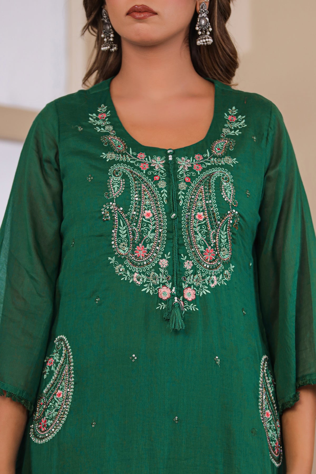 Bottle Green Fabric Mall Cotton Kurti Plazo Dupatta 3Pcs Set