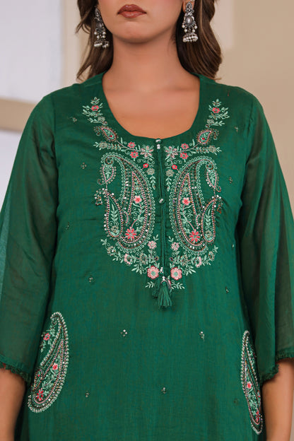 Bottle Green Fabric Mall Cotton Kurti Plazo Dupatta 3Pcs Set