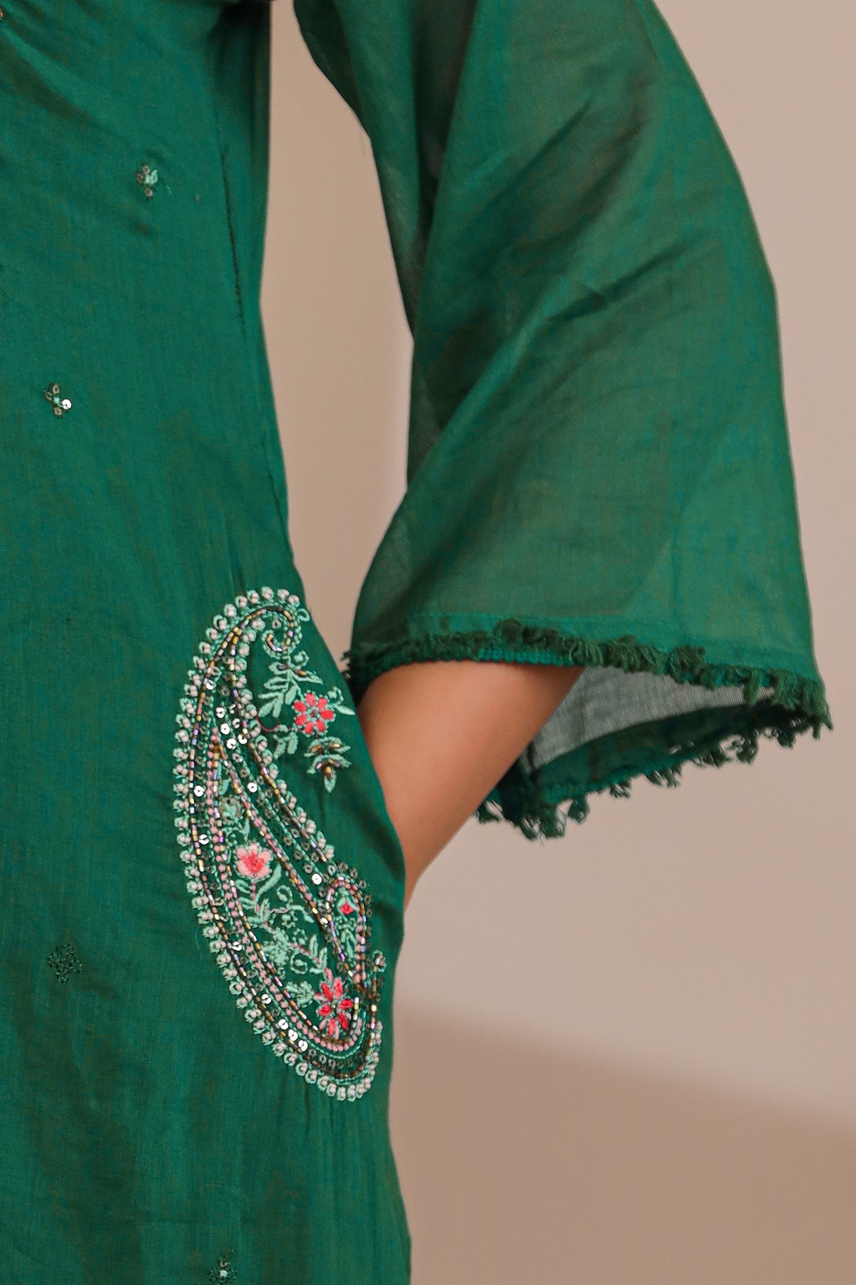 Bottle Green Fabric Mall Cotton Kurti Plazo Dupatta 3Pcs Set