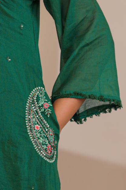 Bottle Green Fabric Mall Cotton Kurti Plazo Dupatta 3Pcs Set