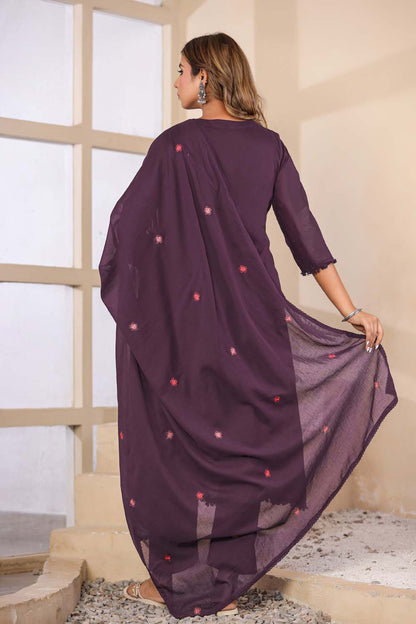 Violet Fabric Mall Cotton Kurti Plazo Dupatta 3Pcs Set