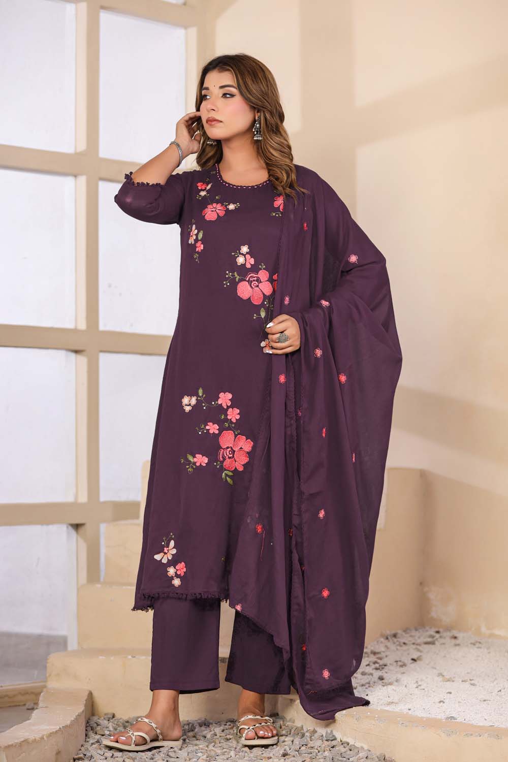 Violet Fabric Mall Cotton Kurti Plazo Dupatta 3Pcs Set
