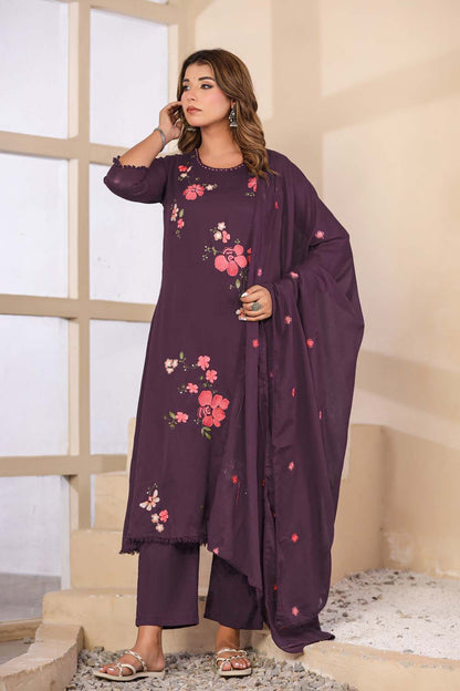 Violet Fabric Mall Cotton Kurti Plazo Dupatta 3Pcs Set