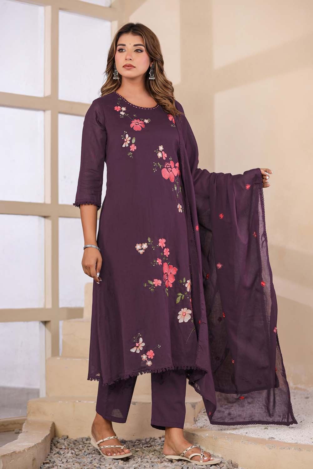 Violet Fabric Mall Cotton Kurti Plazo Dupatta 3Pcs Set