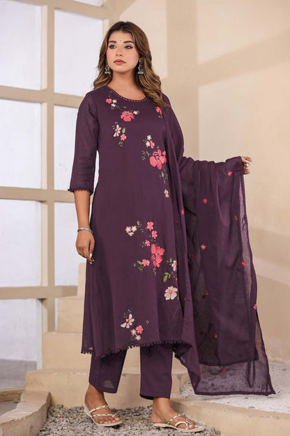 Violet Fabric Mall Cotton Kurti Plazo Dupatta 3Pcs Set