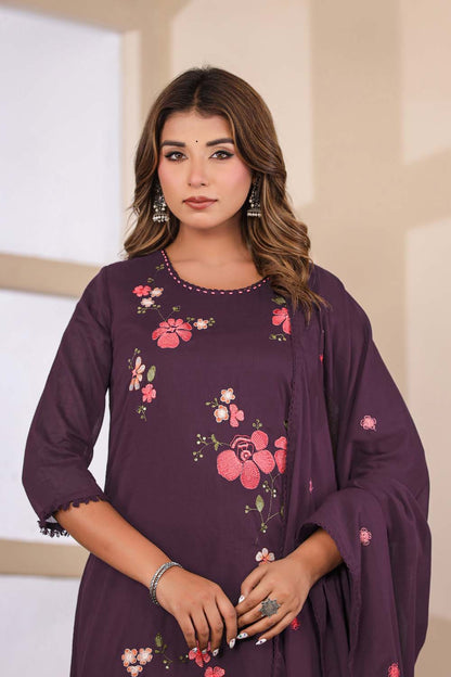 Violet Fabric Mall Cotton Kurti Plazo Dupatta 3Pcs Set