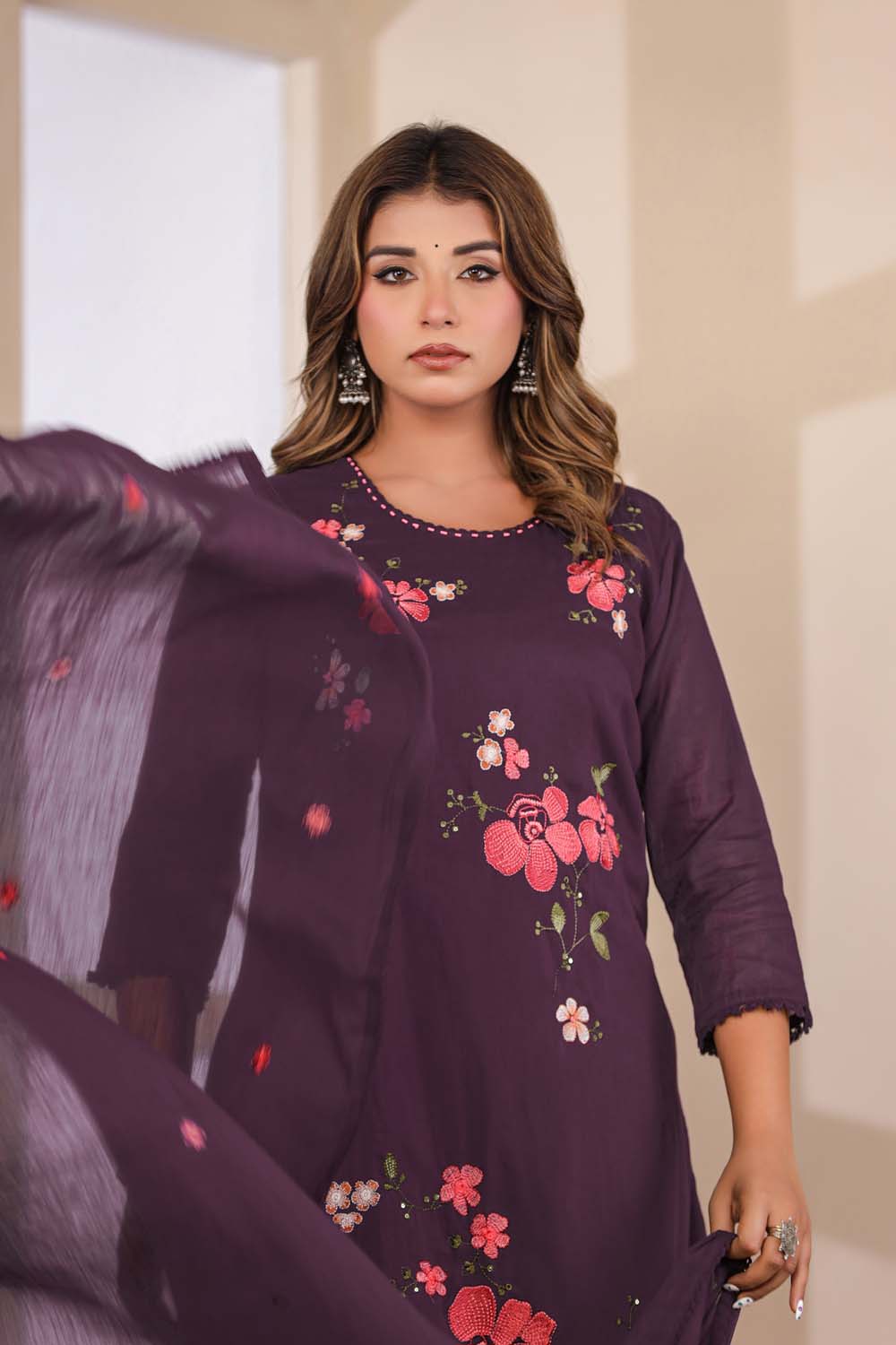Violet Fabric Mall Cotton Kurti Plazo Dupatta 3Pcs Set