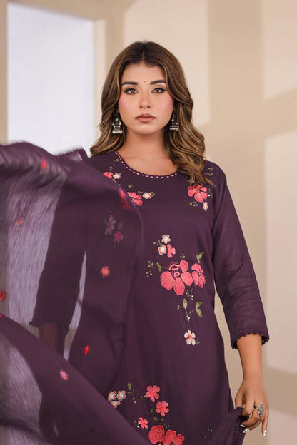 Violet Fabric Mall Cotton Kurti Plazo Dupatta 3Pcs Set