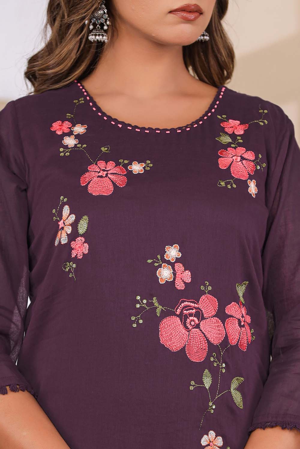 Violet Fabric Mall Cotton Kurti Plazo Dupatta 3Pcs Set