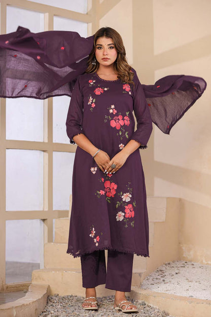 Violet Fabric Mall Cotton Kurti Plazo Dupatta 3Pcs Set
