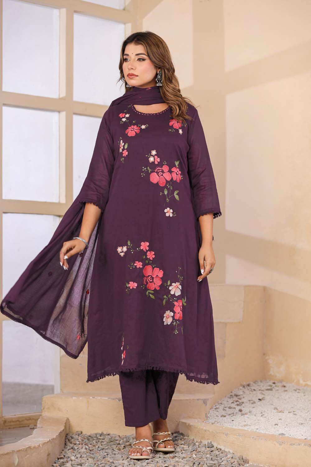 Violet Fabric Mall Cotton Kurti Plazo Dupatta 3Pcs Set