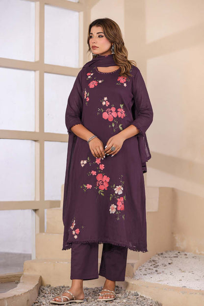 Violet Fabric Mall Cotton Kurti Plazo Dupatta 3Pcs Set
