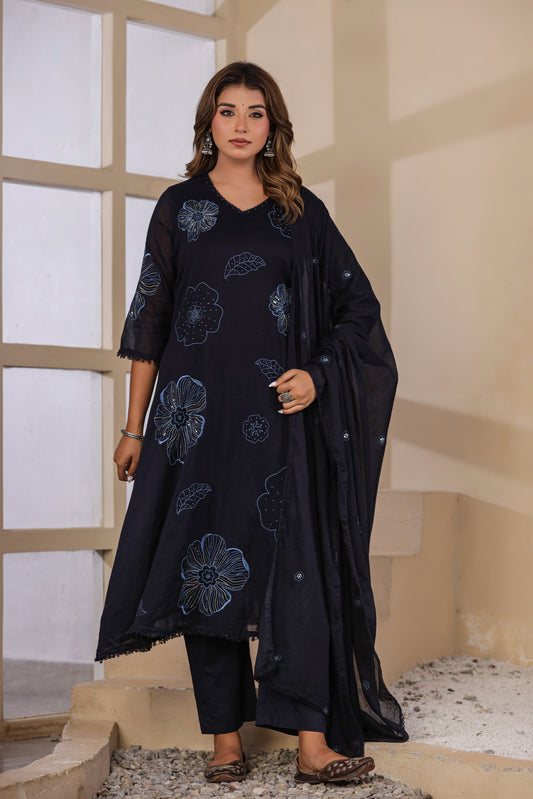 Navy Blue Fabric Mall Cotton Kurti Pant Dupatta 3Pcs Set