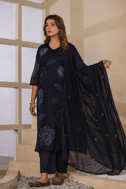 Navy Blue Fabric Mall Cotton Kurti Pant Dupatta 3Pcs Set