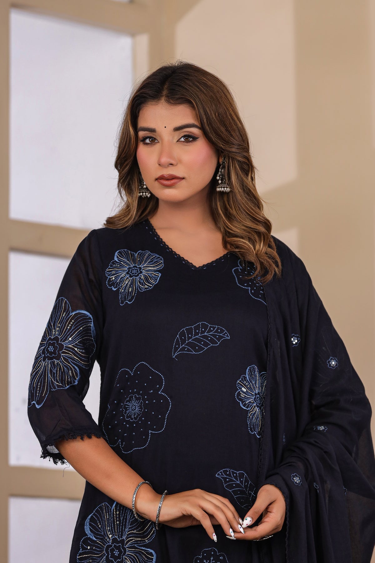 Navy Blue Fabric Mall Cotton Kurti Pant Dupatta 3Pcs Set