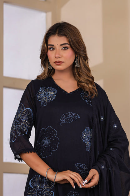 Navy Blue Fabric Mall Cotton Kurti Pant Dupatta 3Pcs Set
