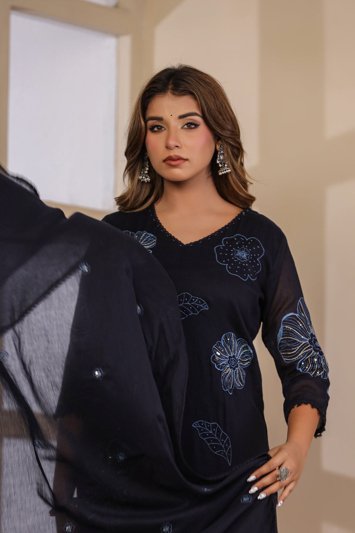 Navy Blue Fabric Mall Cotton Kurti Pant Dupatta 3Pcs Set