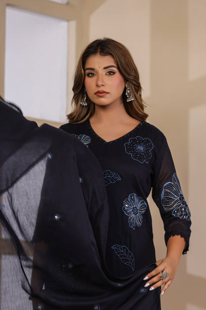 Navy Blue Fabric Mall Cotton Kurti Pant Dupatta 3Pcs Set