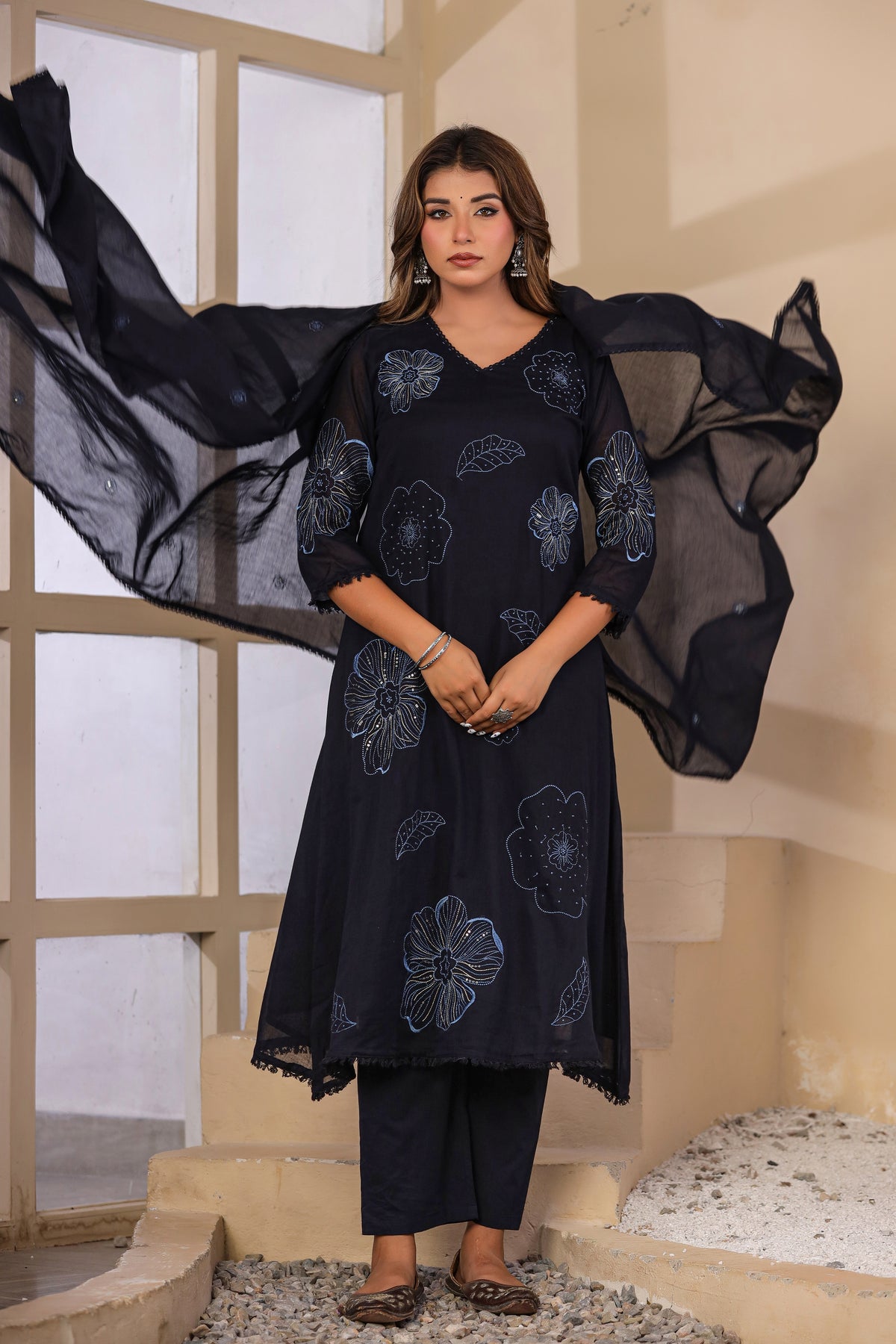 Navy Blue Fabric Mall Cotton Kurti Pant Dupatta 3Pcs Set