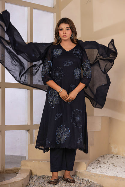 Navy Blue Fabric Mall Cotton Kurti Pant Dupatta 3Pcs Set