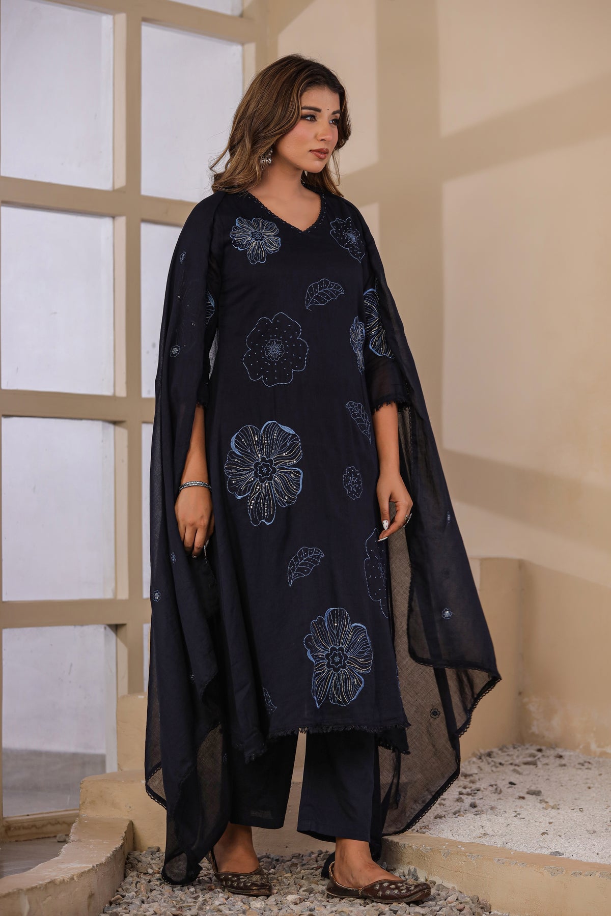 Navy Blue Fabric Mall Cotton Kurti Pant Dupatta 3Pcs Set