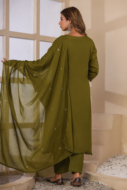 Mehandi Fabric Mall Cotton Kurti Pant Dupatta 3Pcs Set