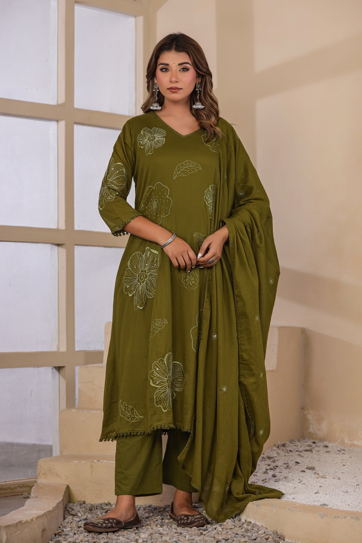 Mehandi Fabric Mall Cotton Kurti Pant Dupatta 3Pcs Set