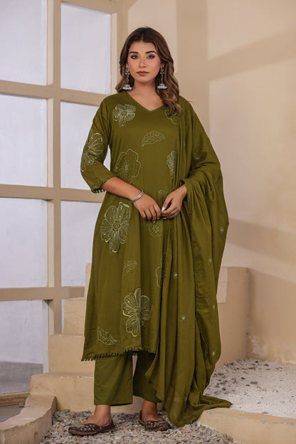 Mehandi Fabric Mall Cotton Kurti Pant Dupatta 3Pcs Set