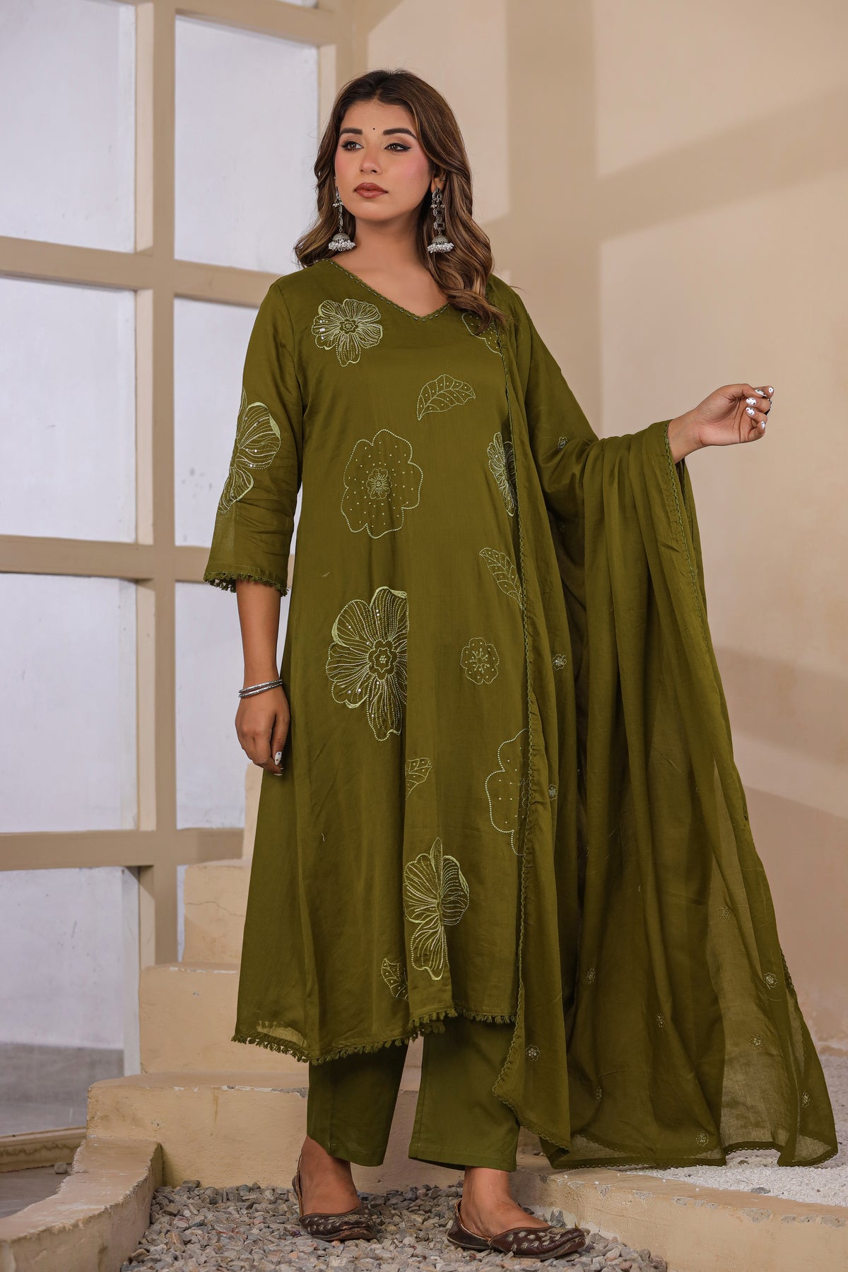 Mehandi Fabric Mall Cotton Kurti Pant Dupatta 3Pcs Set