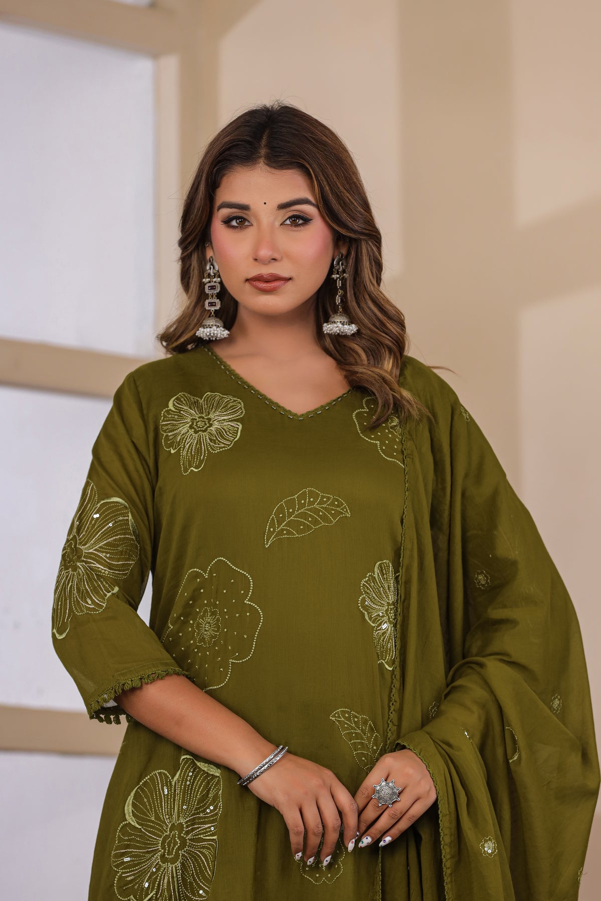 Mehandi Fabric Mall Cotton Kurti Pant Dupatta 3Pcs Set