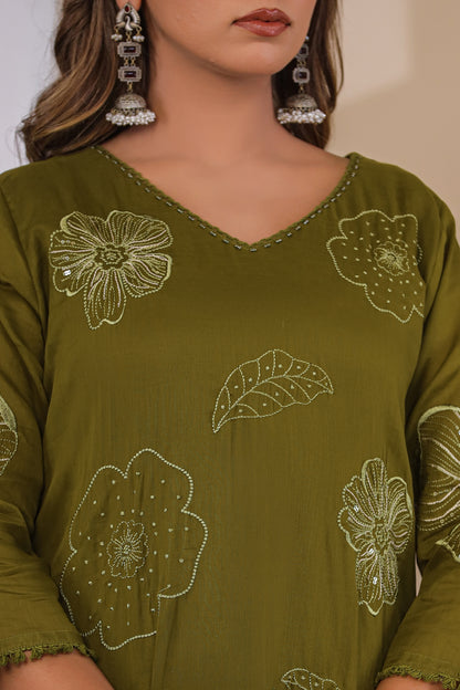 Mehandi Fabric Mall Cotton Kurti Pant Dupatta 3Pcs Set